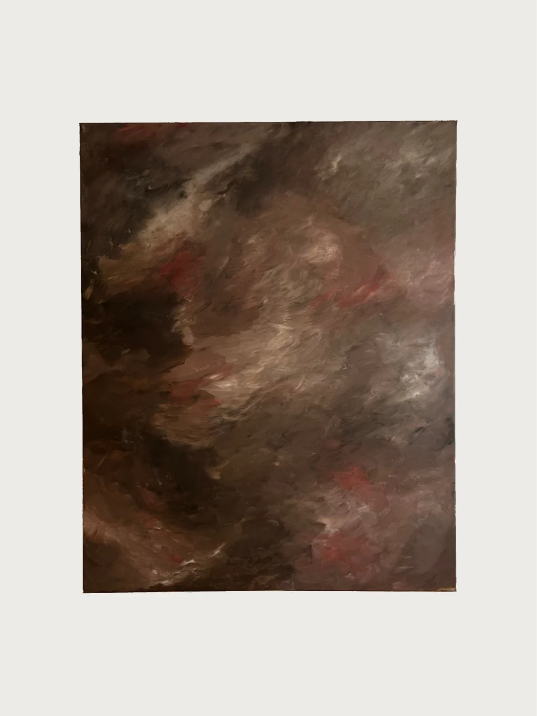 Abstract expressionist painting with swirling brown and crimson tones