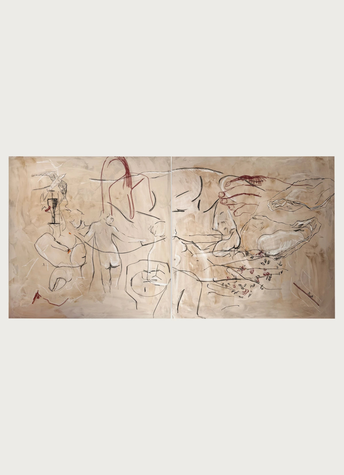‘Read the story vol. 01 and vol.02’ Painting by Dovile Bernotaite features a beige diptych with thin, flowing black lines and deep red accents, evoking organic, nature-inspired shapes across both canvas panels.