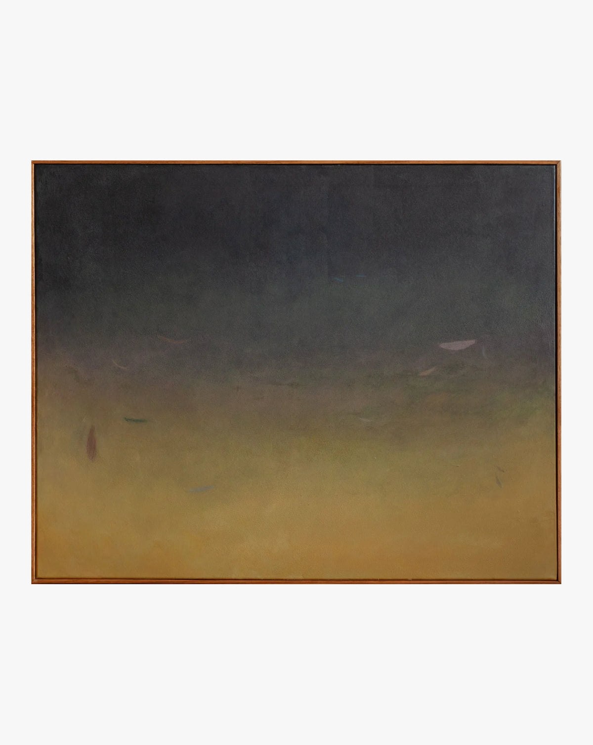 Abstract painting by contemporary artist Rebecca von Matärn, with a dark top gradually blending into a light, warm yellowish bottom, possibly depicting a foggy, dim landscape. Minimalist details with Ponds & Breezes #3, 2023 by Rebecca von Matérn.