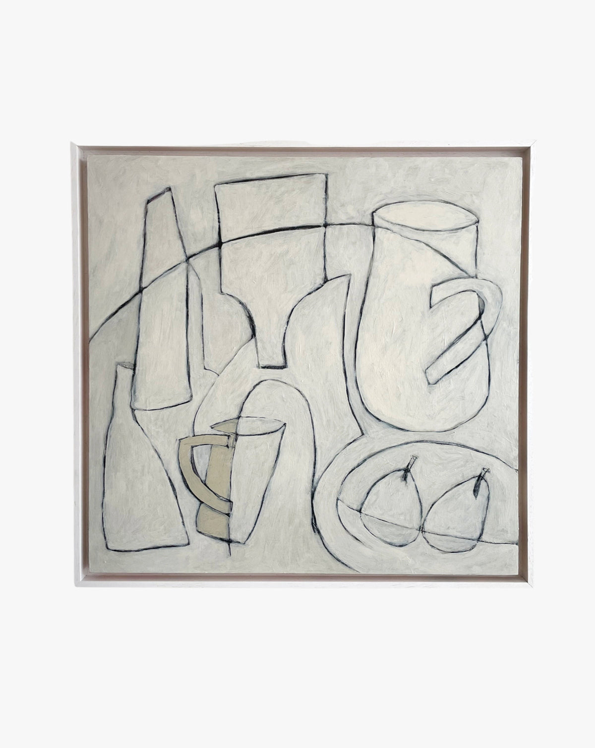 Two Pears" by Lara Voce is a minimalist abstract artwork that features black outlines of vessels like bottles and cups, sketched alongside two pears on an off-white background, creating a handcrafted contemporary design.