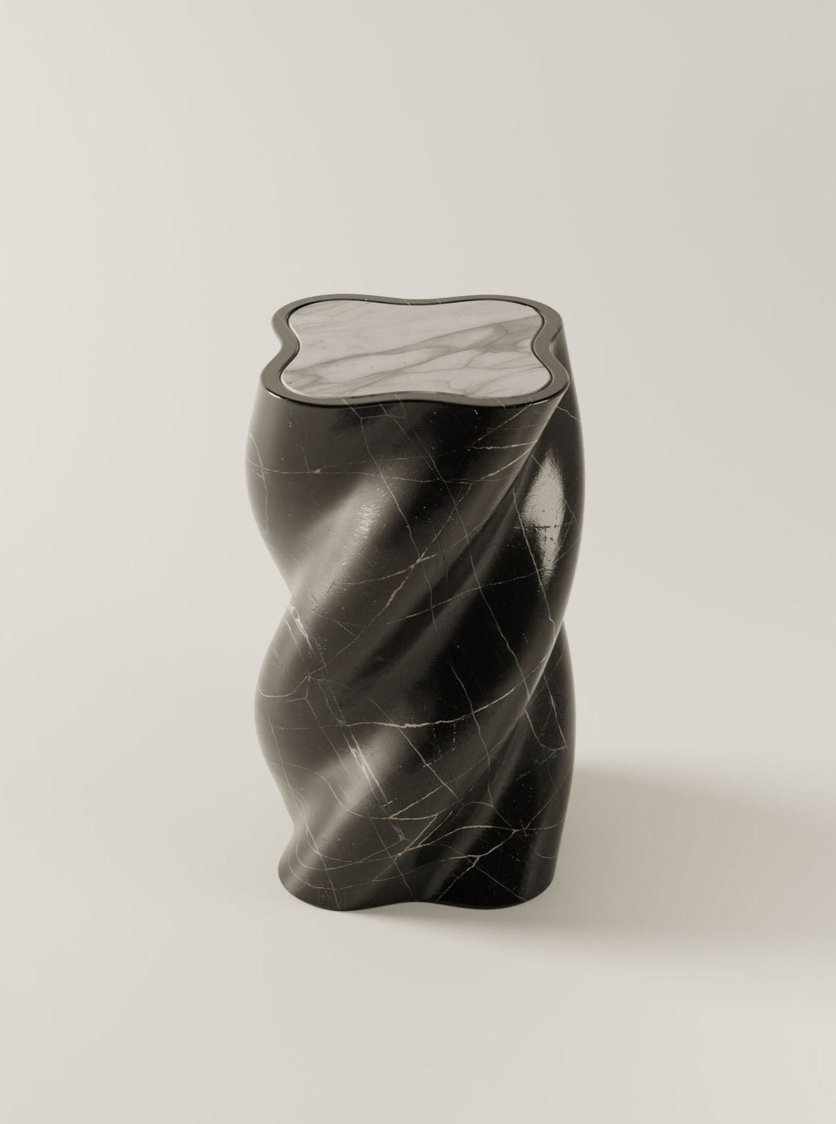 Twisted Nero Marquina marble end table with sculptural form