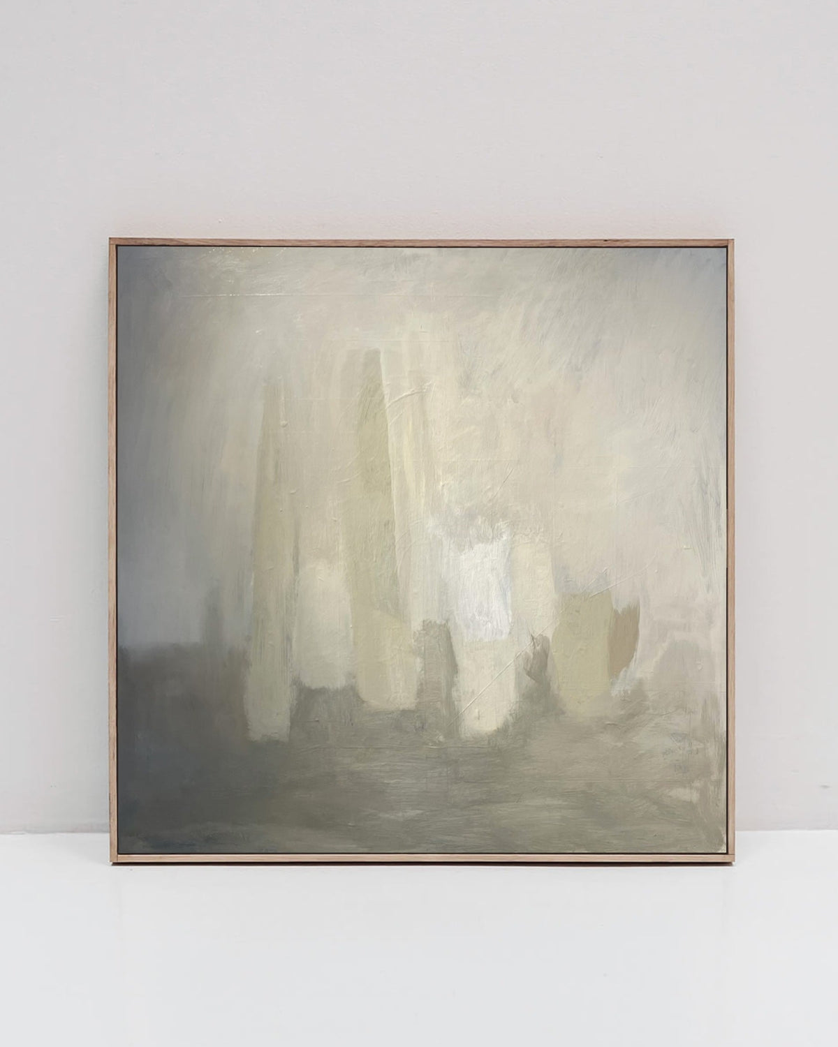 Abstract winter still life painting in muted grays and whites