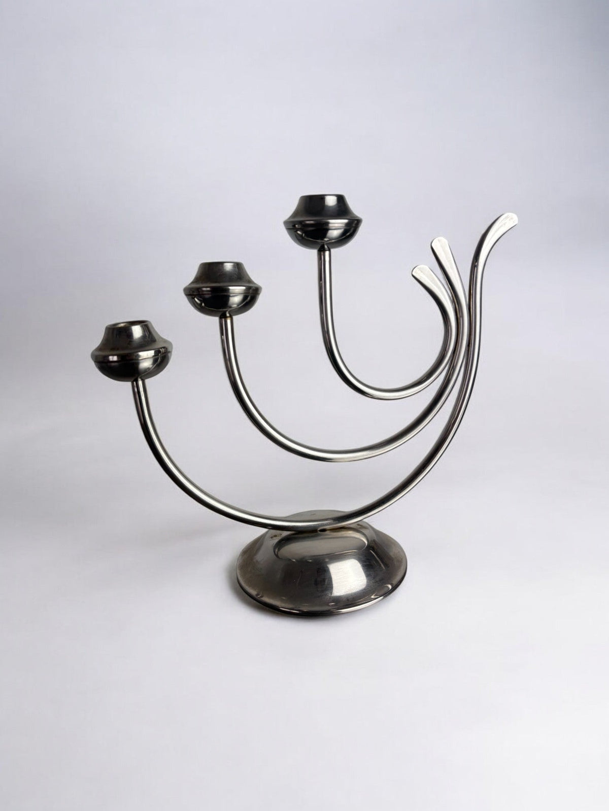Art deco candlestick in stainless steel, 3 flames, Spain, 1970's by Malamar Studio | The Oblist