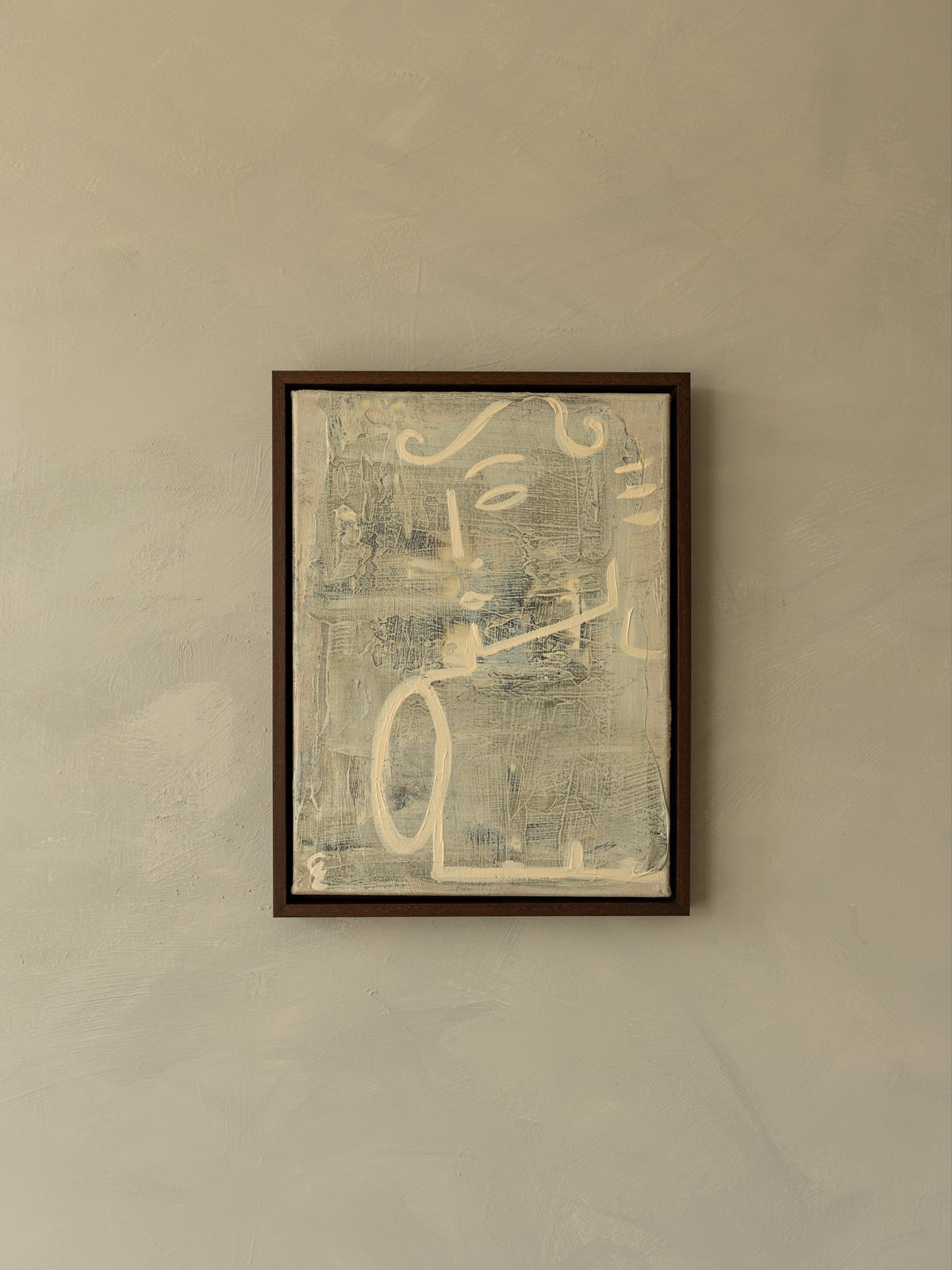 Abstract painting "HIS" by Claire de Wolf in muted tones with textured brushstrokes