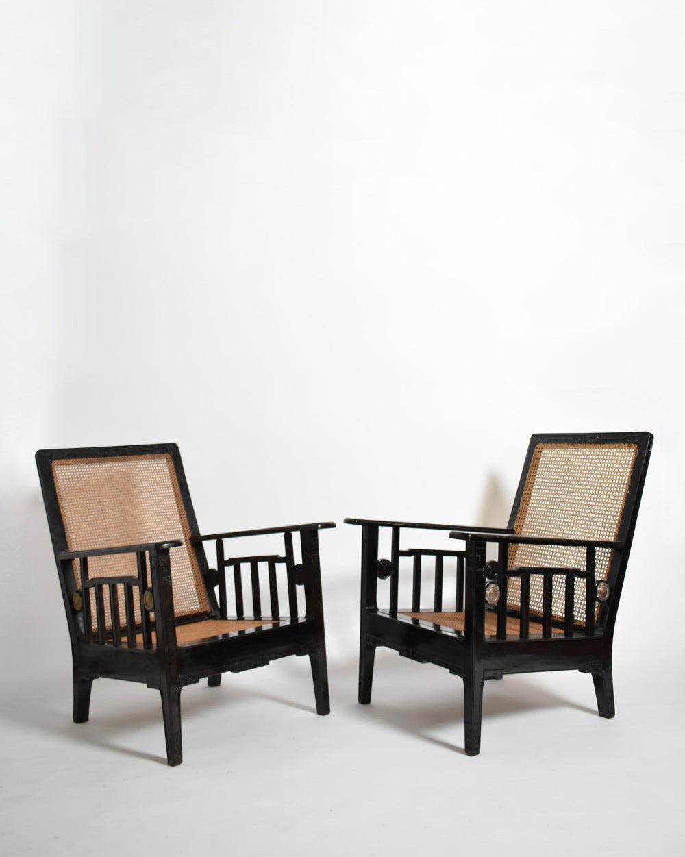 Pair of Colonial Ebonised Wood & Caning Armchairs, 1920s by Barracuda Interiors | The Oblist