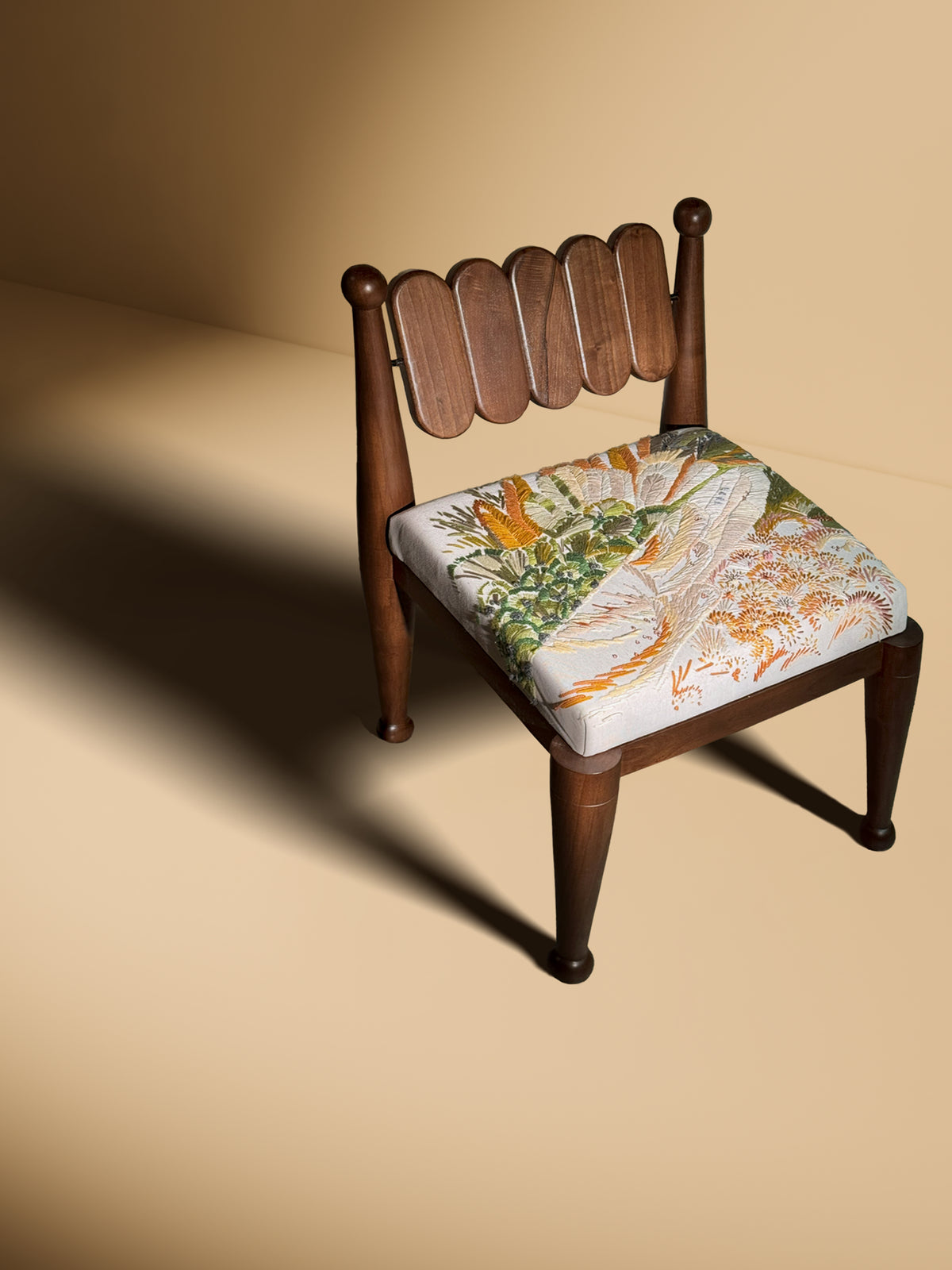 SIMORGH II – Solid Walnut with Hand-Embroidered Upholstery by VandaVee | The Oblist — handcrafted walnut, colorful embroidery