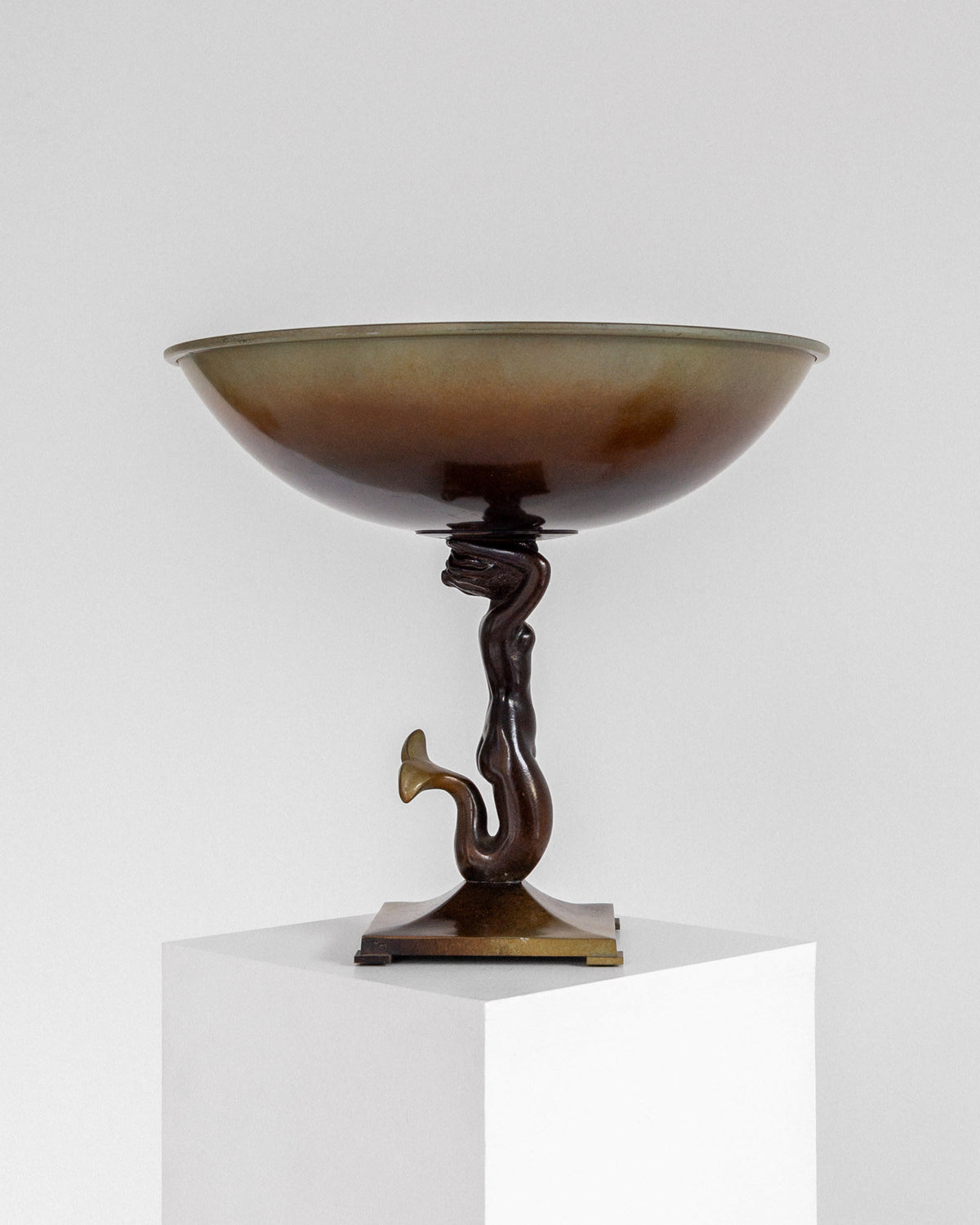 Art Deco bronze bowl with sculptural mermaid stem centerpiece