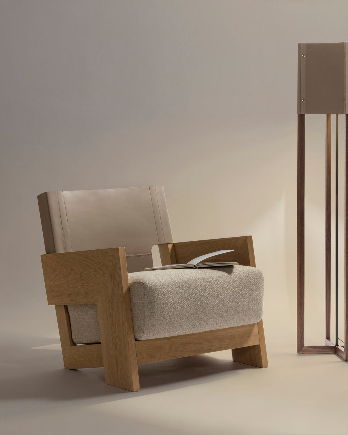 Modern oak Walden armchair with beige upholstery and geometric frame