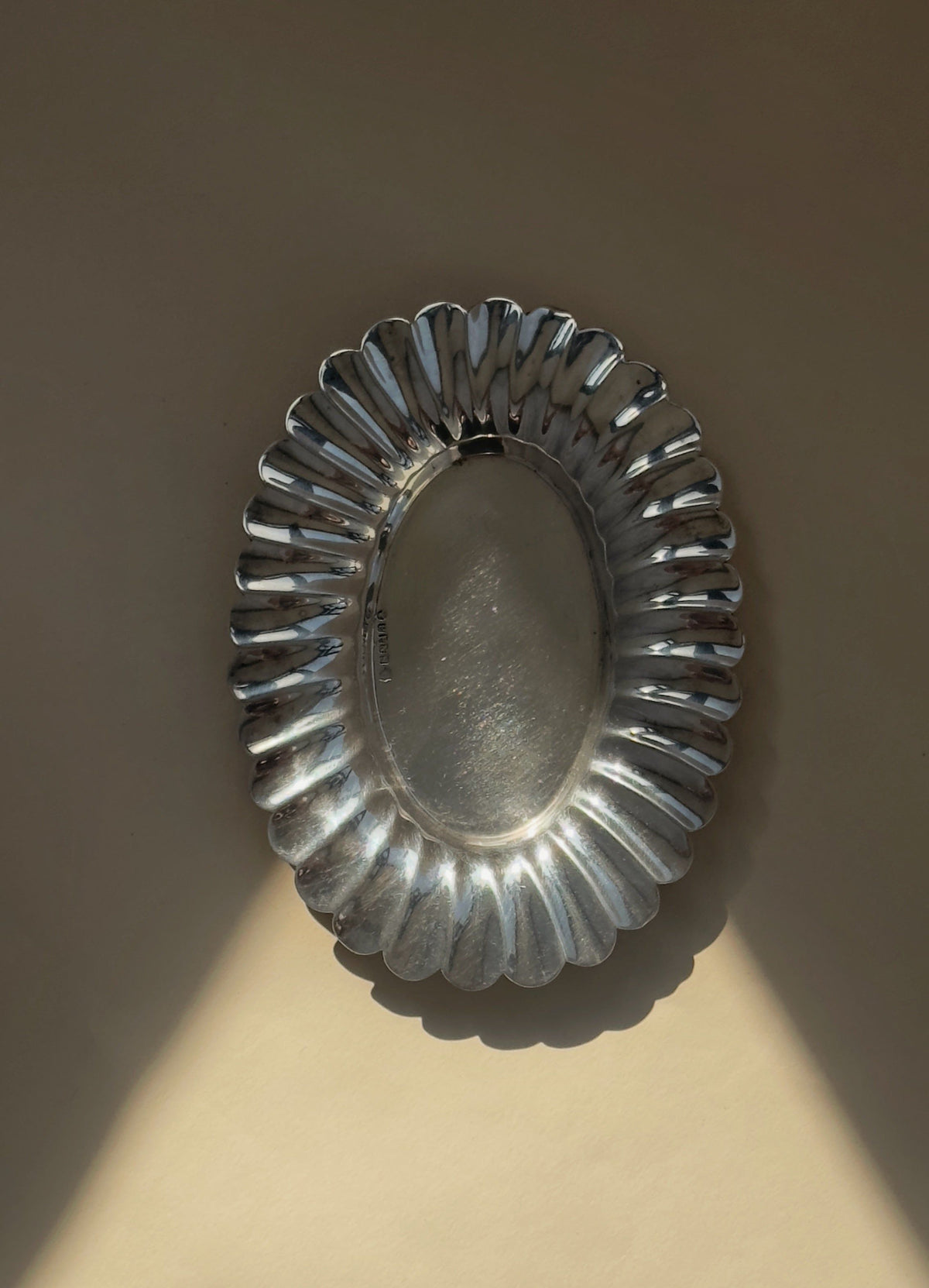 Vintage silver-plated oval trinket tray with fluted scalloped edges