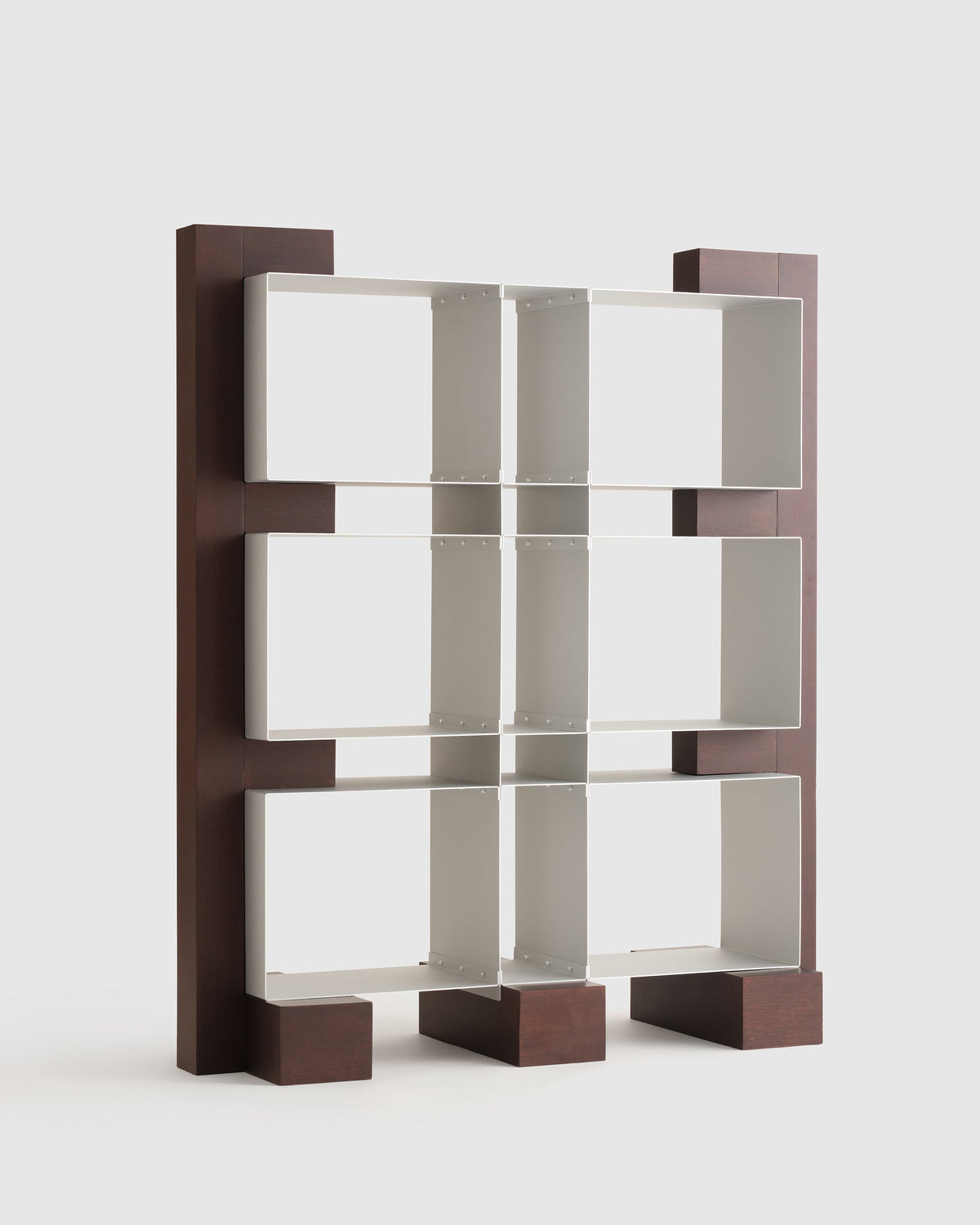 Dado modular bookshelf with white cubes and dark wood frame by Hun Lee