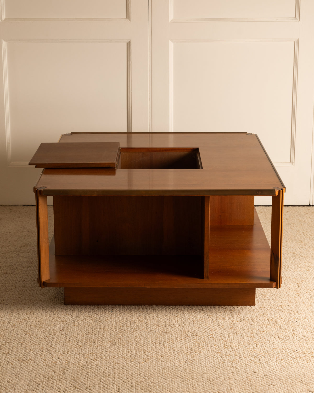 Zanuso walnut coffee table with sliding compartment Italy 1960s