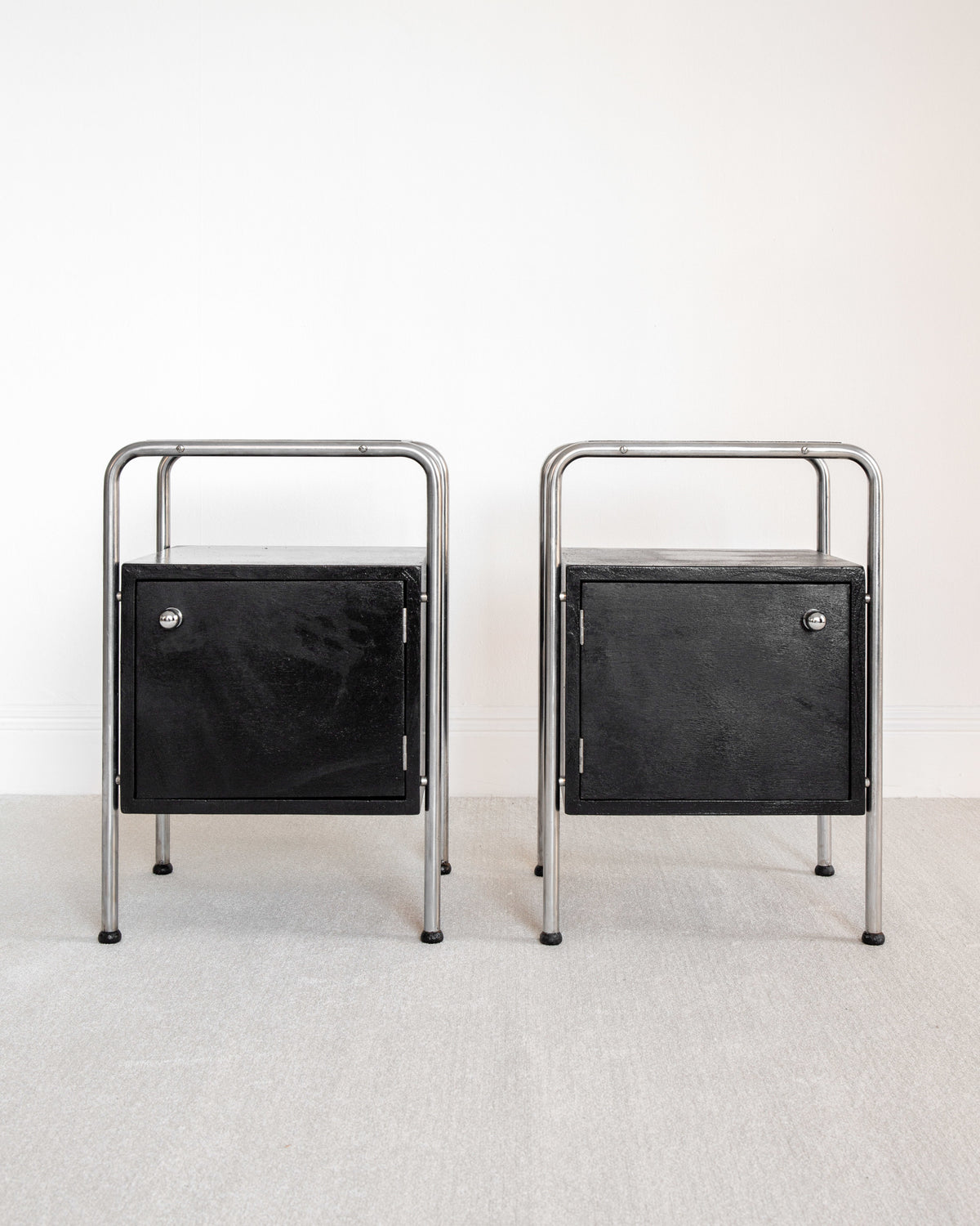 Pair of Functionalist Nightstands, Sweden 1930s by Spigel | The Oblist — black metal, vintage design