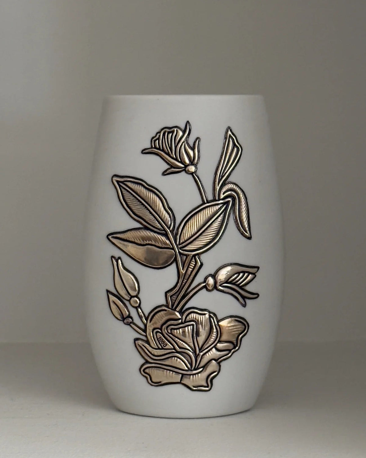 Pale Blue Vase with Silver Inlaid Florals by Galerie Storm | The Oblist — ceramic, handcrafted