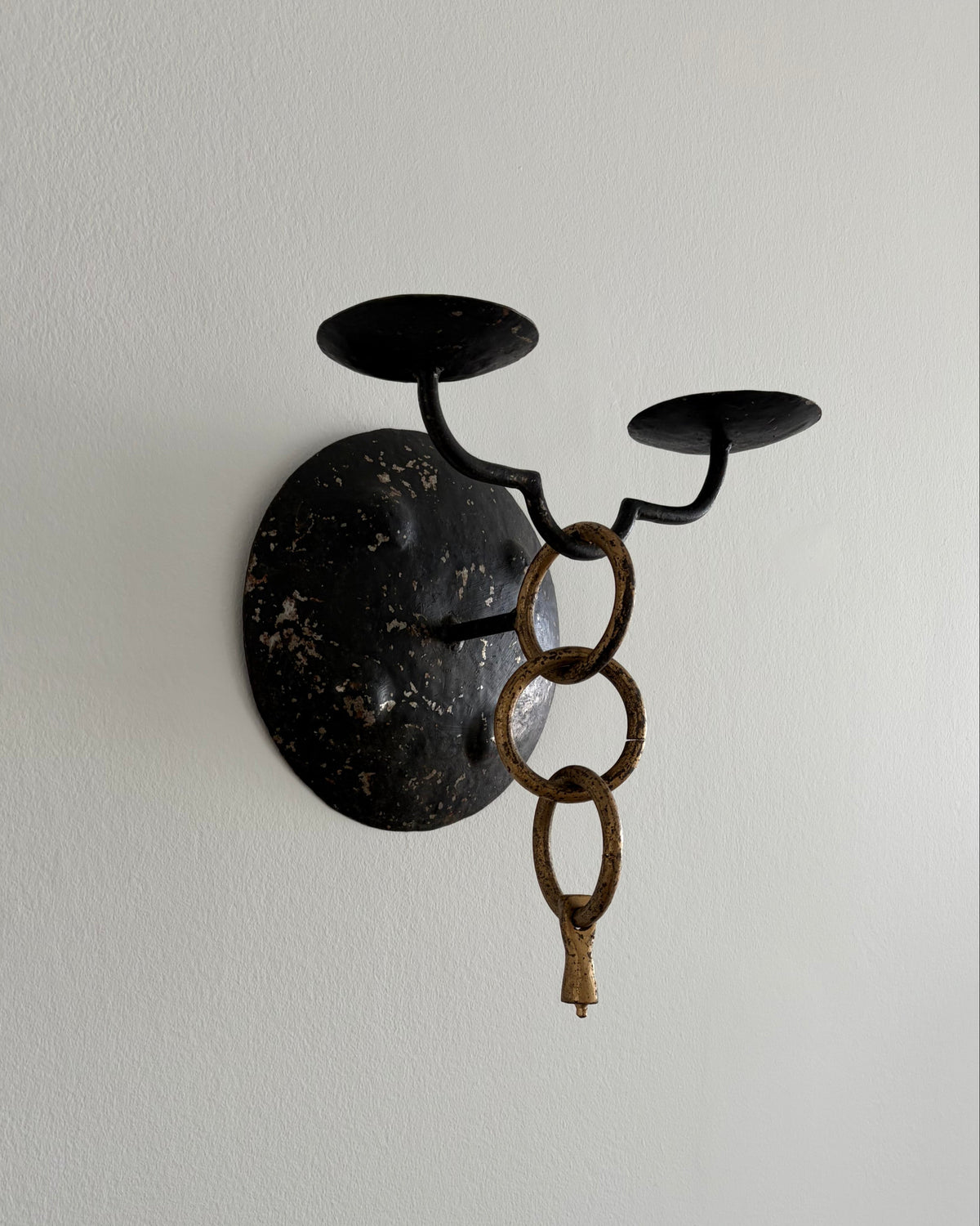 Pair of Brutalist Wall Candleholders, Iron and Brass, Iberian Peninsula, mid-20th century — alternate view