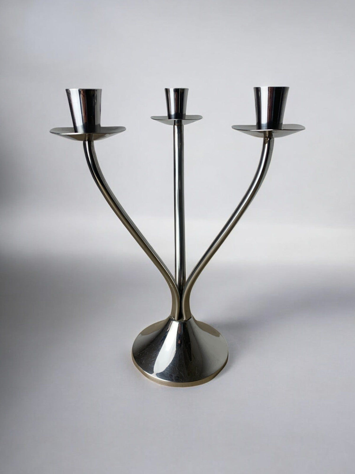 Art deco candlestick in stainless steel 3 flames, Spain, Circa 1970 by Malamar Studio | The Oblist — polished silver finish
