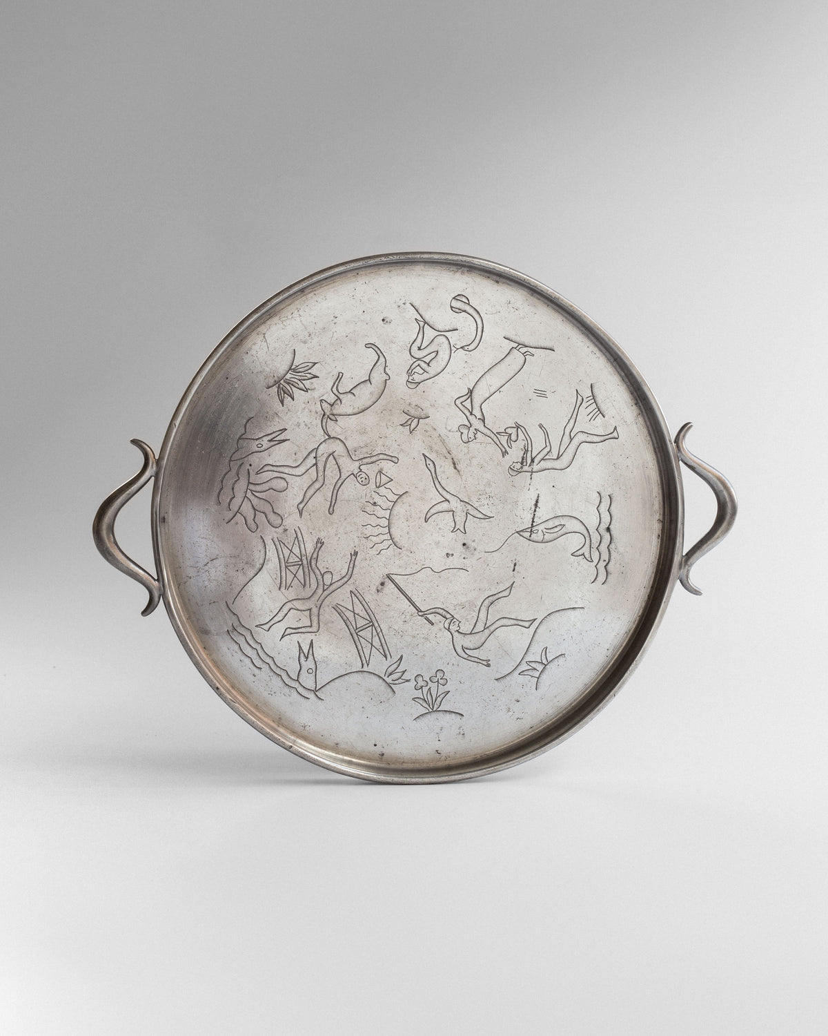 Art Deco pewter tray with engraved mythological scenes by Fougstedt