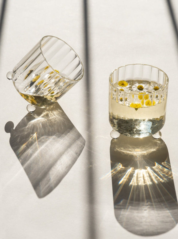 Set of elegant hand-blown glassware by Agustina Bottoni, featuring various glasses with slender stems and delicate designs, arranged on a reflective surface against a light background.