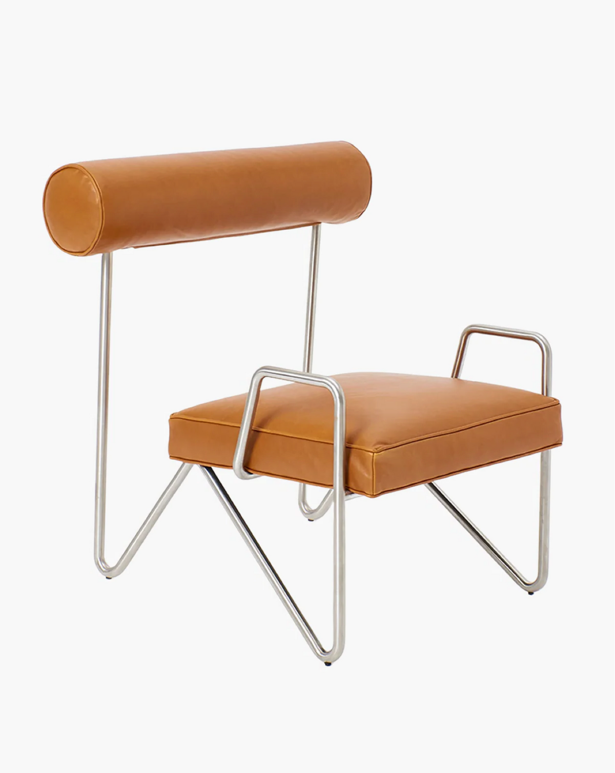 A modern chair with a cylindrical, brown leather backrest and matching flat seat. The chair features a minimalist design with sleek, silver metal legs and armrests, creating an angular and striking appearance.