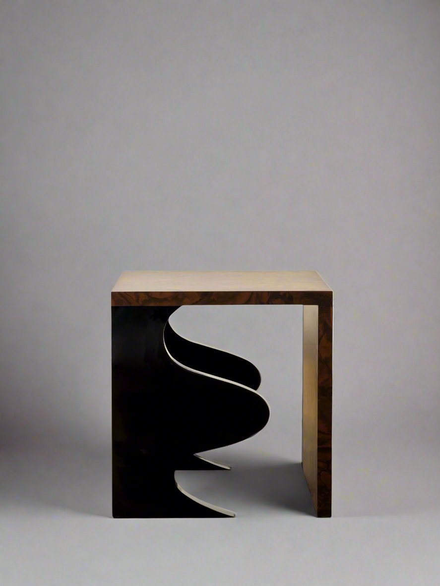 Harlequin walnut side table with curved black sculptural element