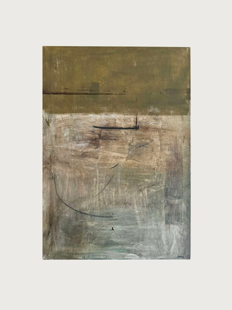 The Beginning Of Autumn" by Dovile Bernotaite is an evocative painting crafted with acrylic, oil pastel, and charcoal on canvas. It features a harmonious blend of muted earth tones like brown, green, and beige. The upper portion has a dominant greenish hue, while the lower section exhibits more blended shades with delicate horizontal and curved lines that enhance the texture of the composition.