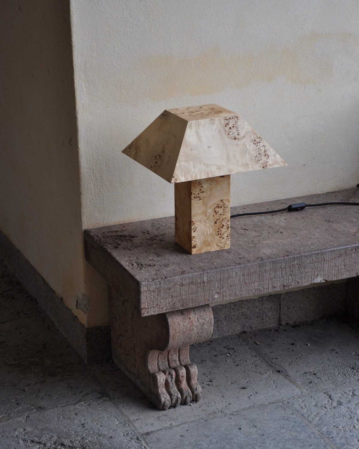 Burr wood table lamp with angular shade by Axel Wannberg