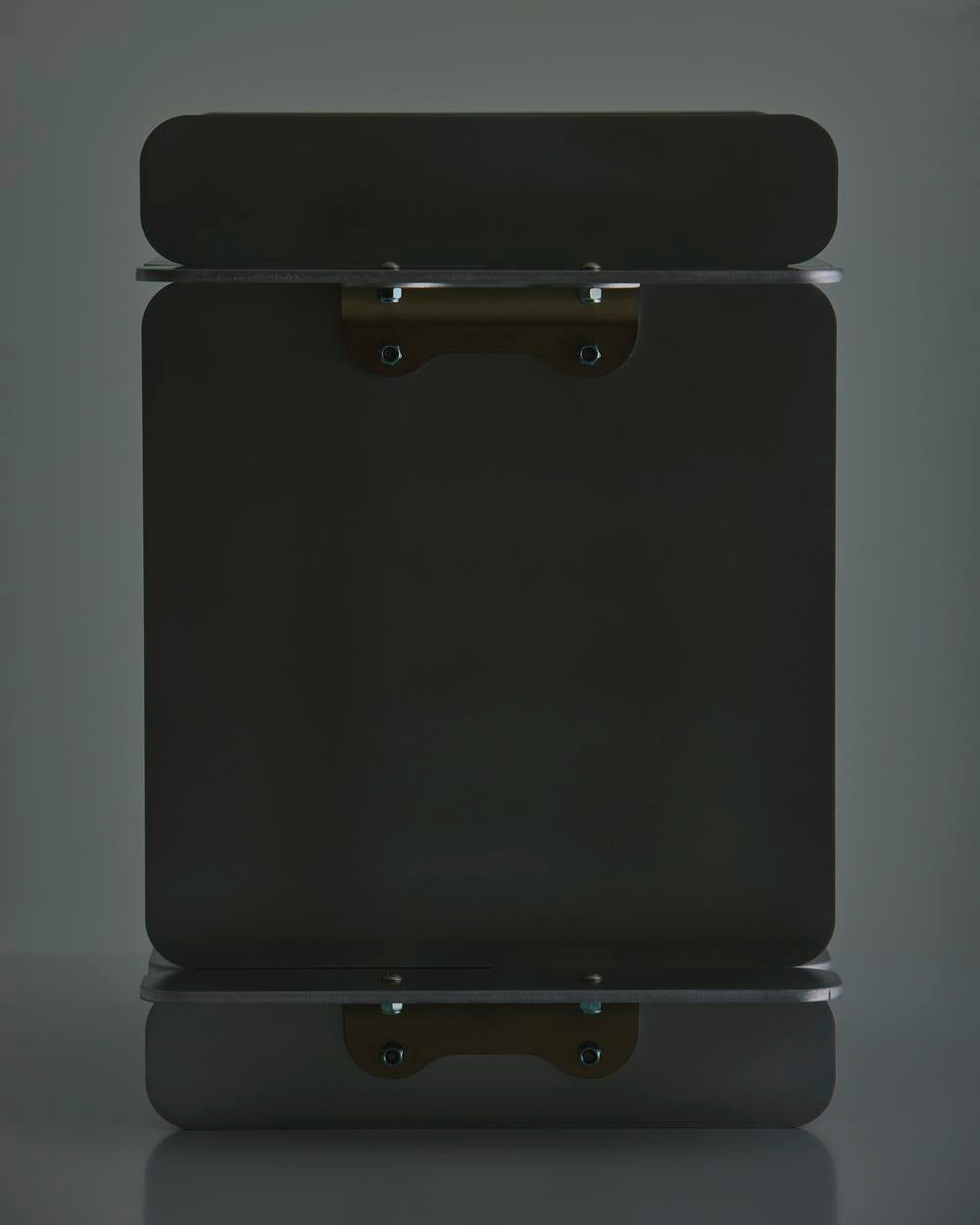 Minimalist black console table with glass shelves and metal accents