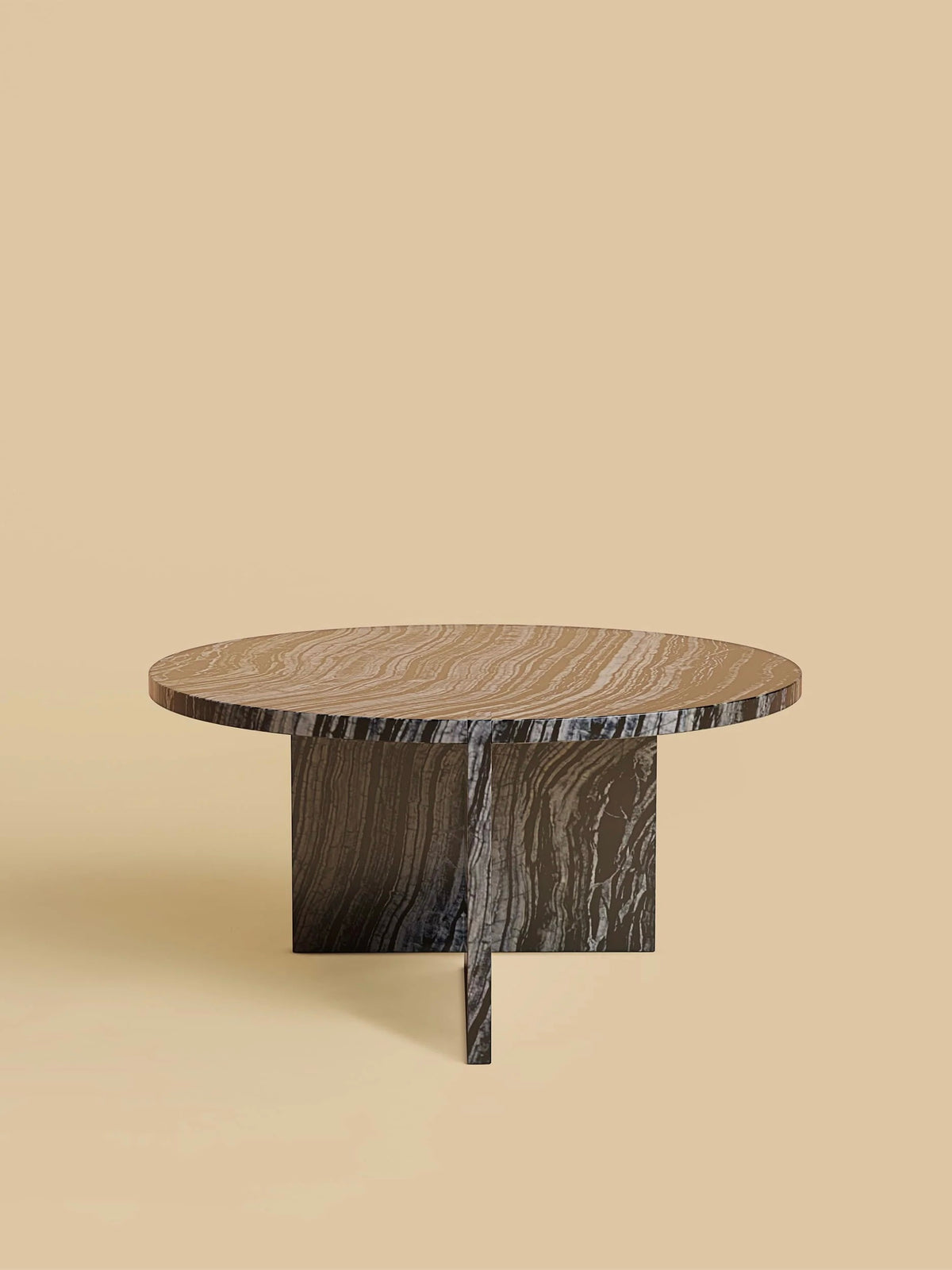 The "Hashi" Coffee Table in Marble by Lebanto features a modern circular design with a thick round top and unique geometric base. It showcases a sleek marble texture with natural brown and gray patterns on a beige background, enhancing any room's decor elegantly.