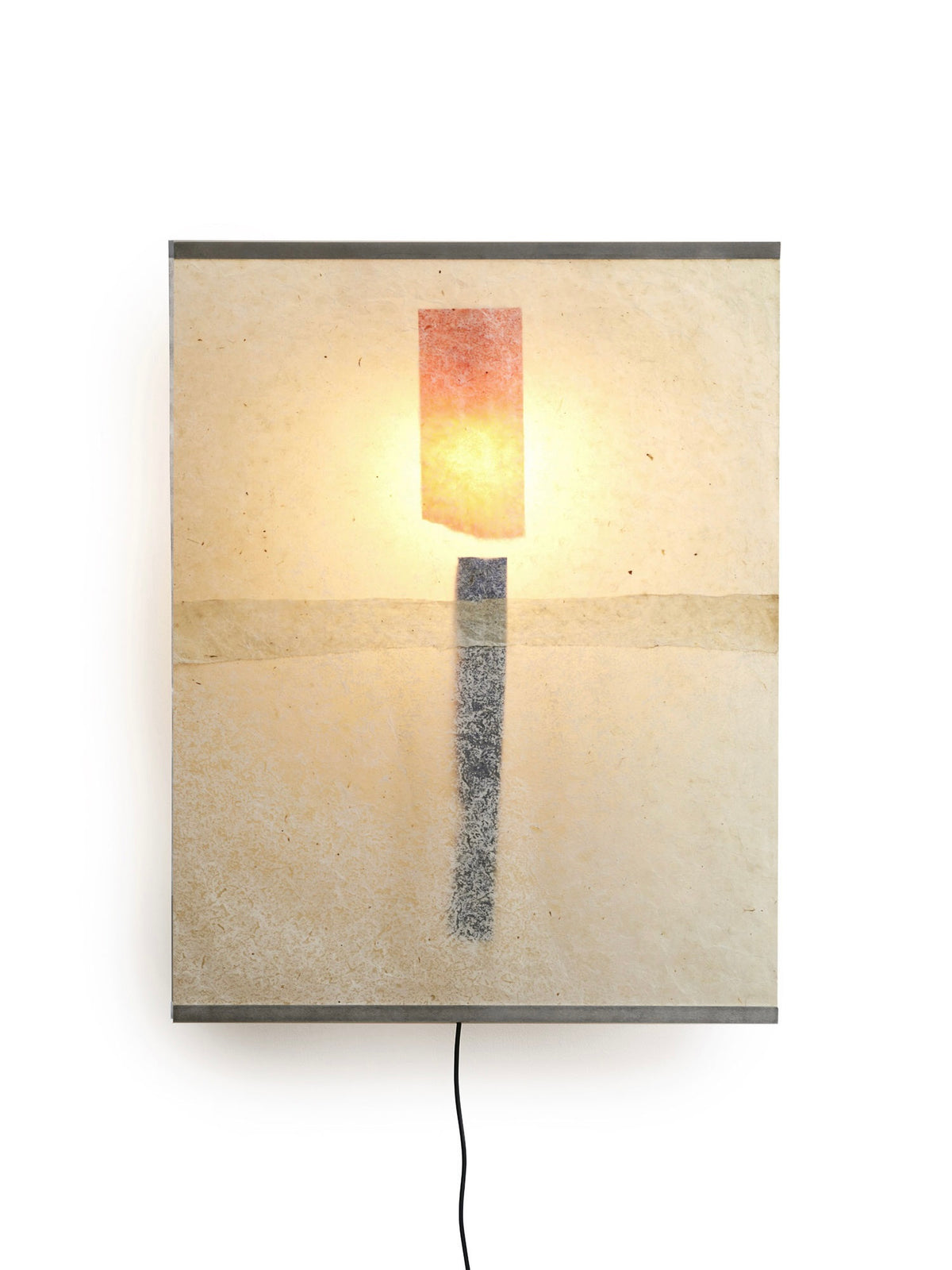 The Panel Lamp – Esei by TEGET is a square wall lamp with an abstract design using handmade paper. It features a red rectangle at the top, a thin vertical black line, and diffuses soft yellow light. Inspired by Ana Kraš, it has a hanging black cord underneath.