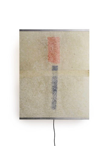 The Panel Lamp – Esei by TEGET, designed by Ana Kraš, features a simplistic abstract artwork of a red rectangle atop a black vertical line on a textured neutral background. A black cord hints at the essence of a wall lamp, all meticulously rendered on handmade paper.