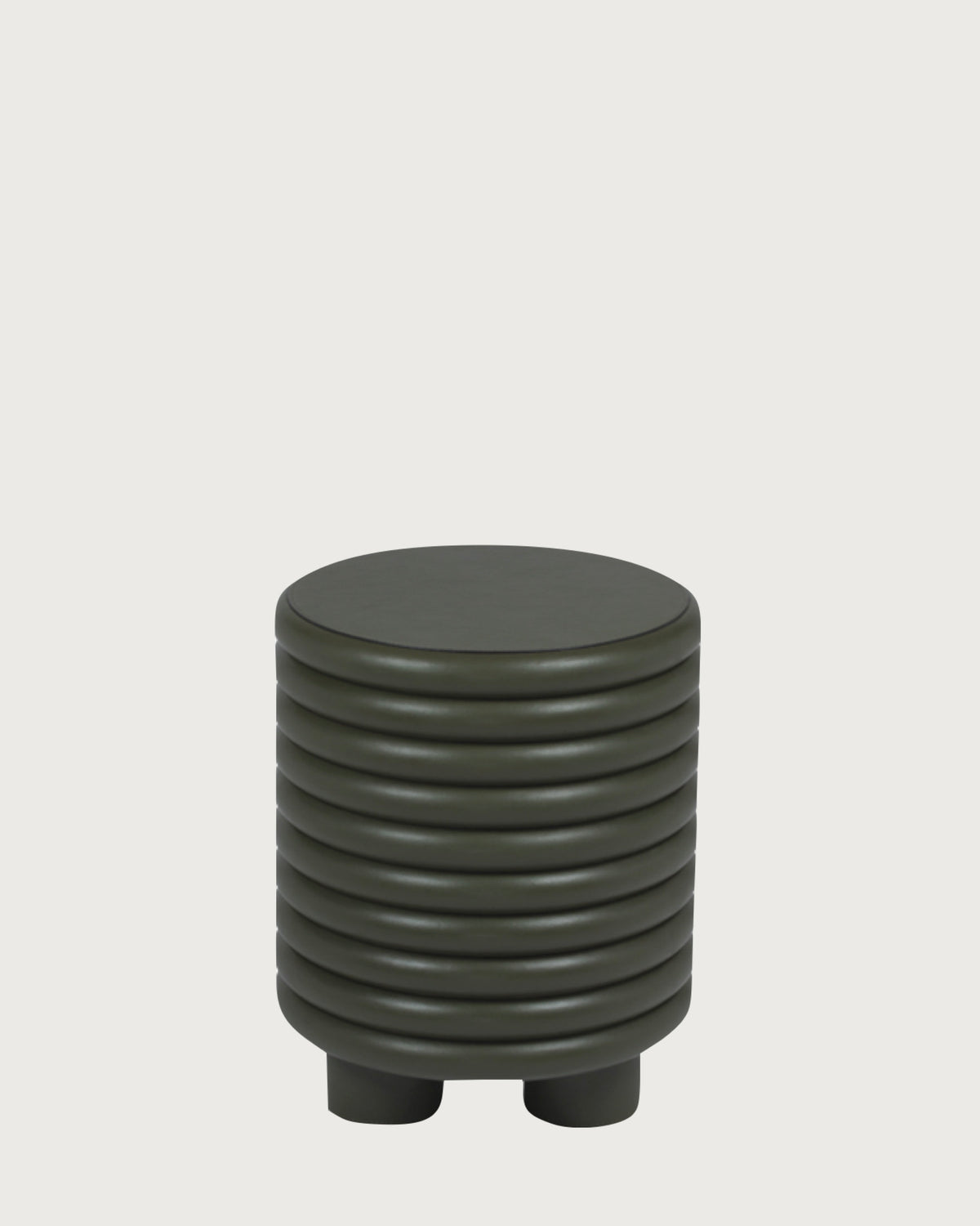 Dark green ribbed leather cylindrical stool with wooden legs