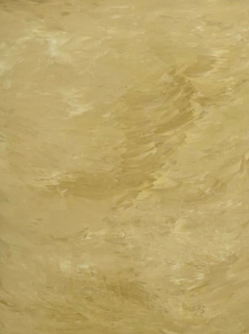 A large, vertically oriented painting from the Terra Incognita series, featuring an abstract design. The canvas is predominantly covered in shades of beige and light yellow brushstrokes, creating a textured and slightly swirling effect. The mixed media piece titled "Solar Mirage - Mixed media on canvas" by Mattias Storm is framed with a thin, dark border.