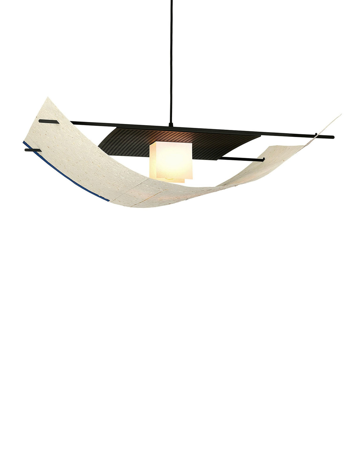 The TEGET Sail Lamp – Rice Field is a modern geometric ceiling lamp with a rectangular frame and central glowing cube. Curved panels hang below, adding an artistic, contemporary flair like a handmade paper collage on a plain white background.
