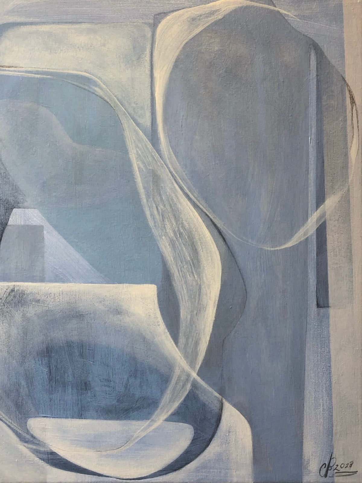 In Soft Haze, 2023" by Cate Adriana features an abstract composition on a 3D linen canvas, showcasing flowing, overlapping shapes in shades of blue and gray. The unframed design suggests movement through its curving forms that resemble translucent curtains or waves, while the acrylic texture enhances depth and complexity within the serene color palette.