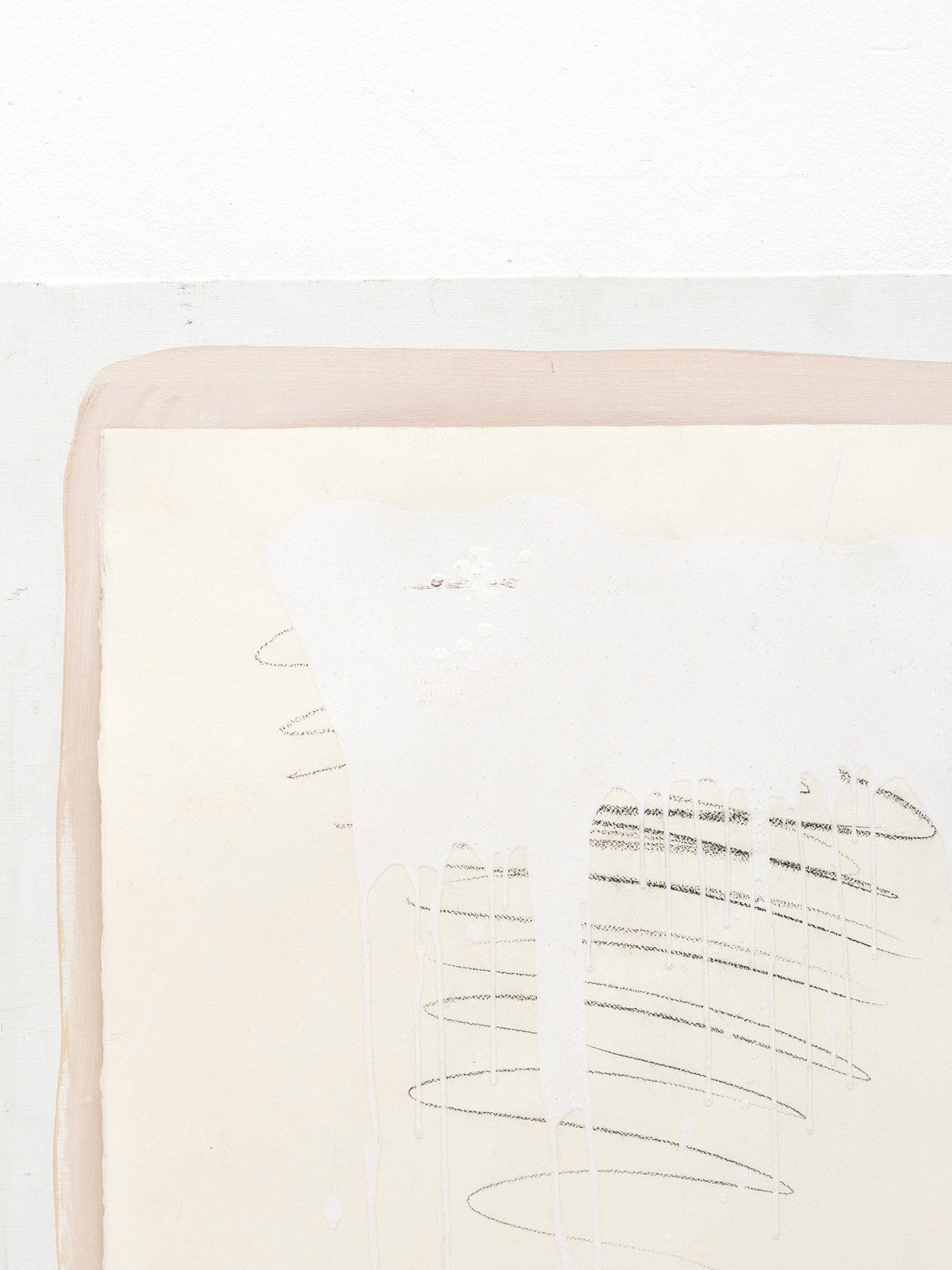 Abstract Mixed Media Composition by J. Naliwajko (1938–2017), 1990, from Tom Bogle—features a pale background, light pink rectangular border, gray scribbles, and white paint drips for a soft minimalist effect.