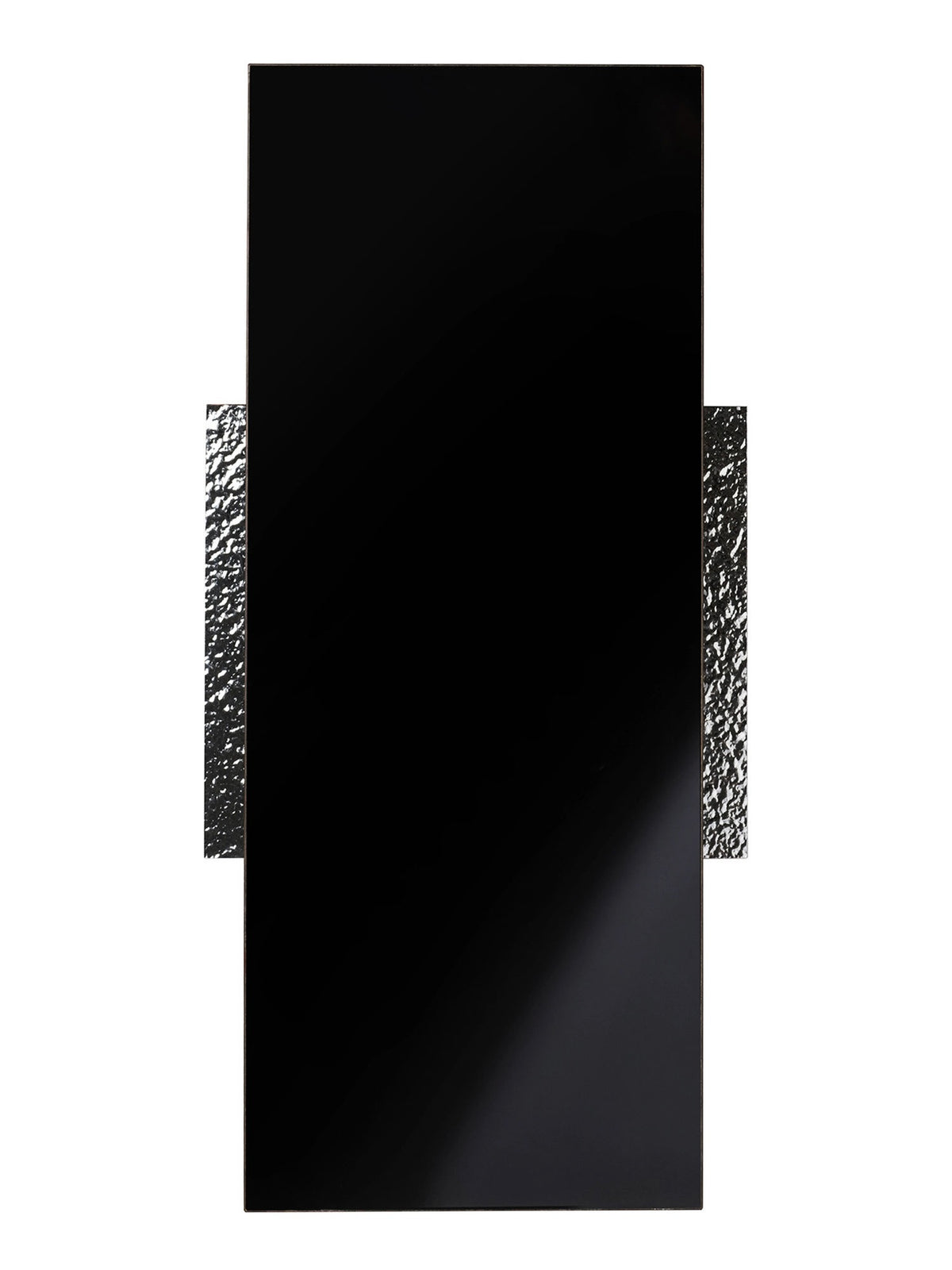 The Mara T Side Table by TEGET features a sleek black rectangular design with a textured silver frame that extends beyond its edges. This creates a modern look, perfectly complementing high-gloss black furniture against a white backdrop.