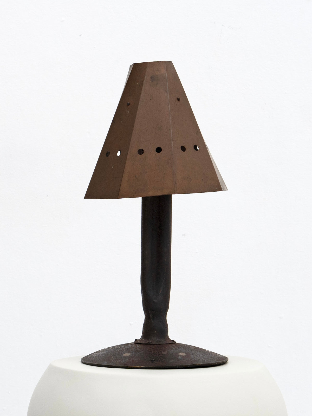 Brutalist tole table lamp with perforated conical shade detail