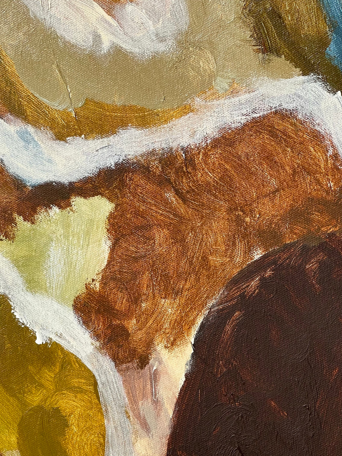 I’d Cross The Earth To You" by Natasha France is an abstract painting featuring swirling brush strokes in shades of brown, white, green, and yellow. The visibly rough texture, along with contrasting lines and patches of color, forms an uneven and dynamic composition that evokes a profound sense of love and devotion.