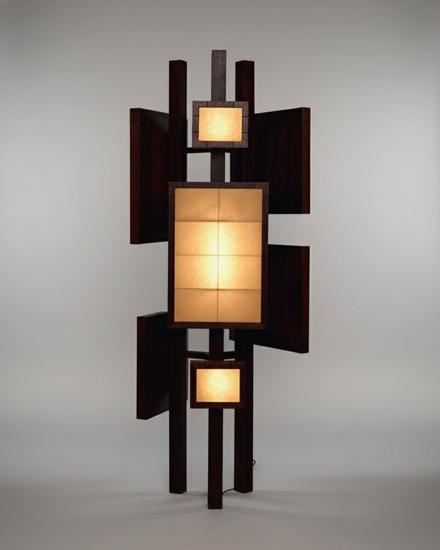 Modern Antenna Totem floor lamp with dark wood frame and glowing panels