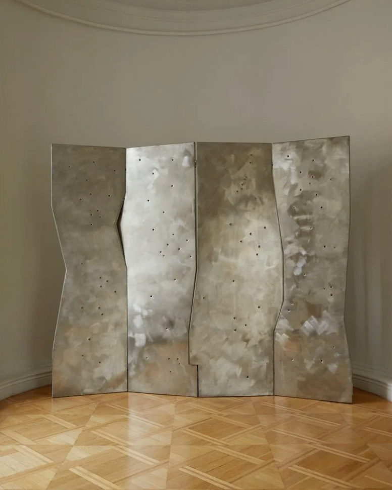 Echo screen room divider, aged silver metal panels with wavy edges