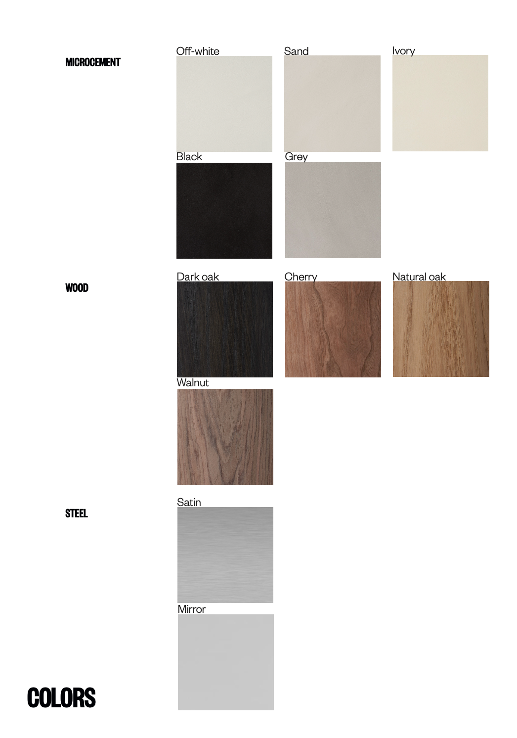 Ude dining table color swatches: microcement, wood, steel finishes
