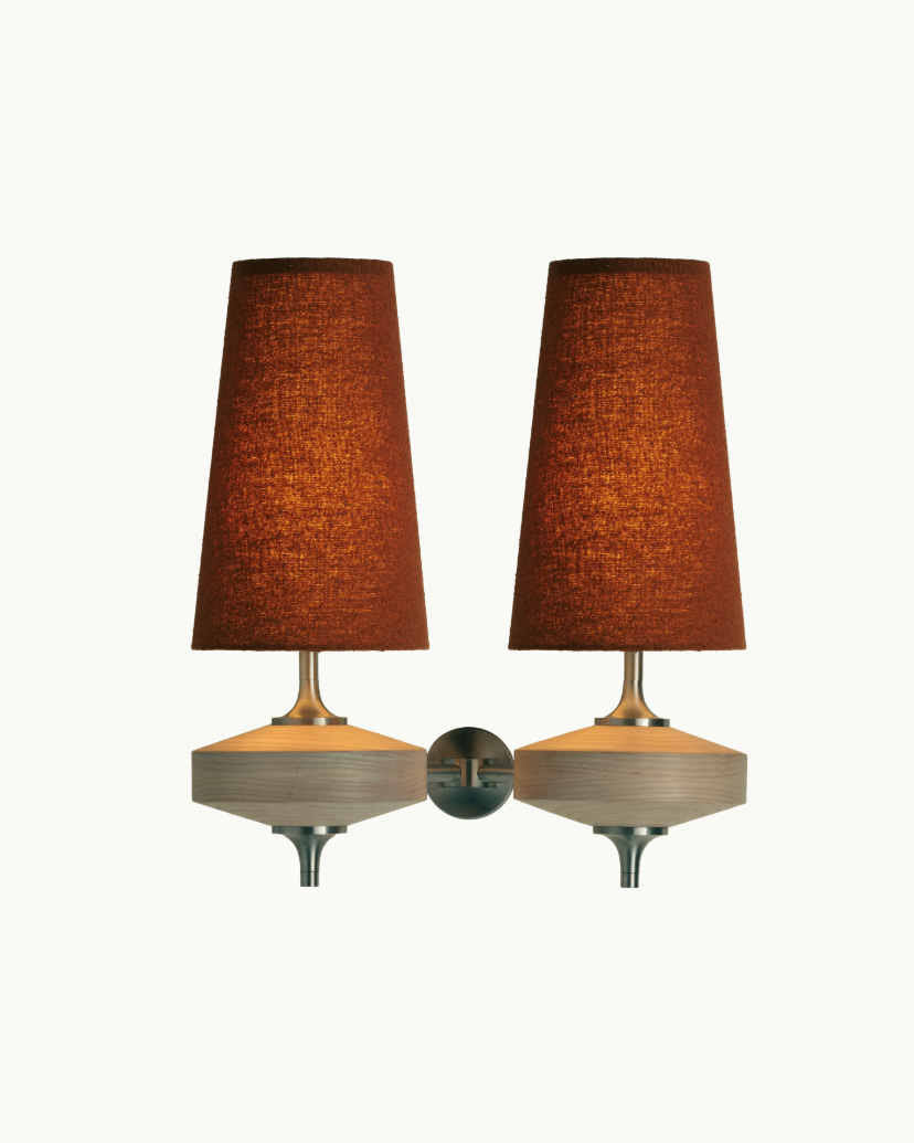 Hour Rho Twin Wall Light with rust linen shades and oak body by Snelling Studio