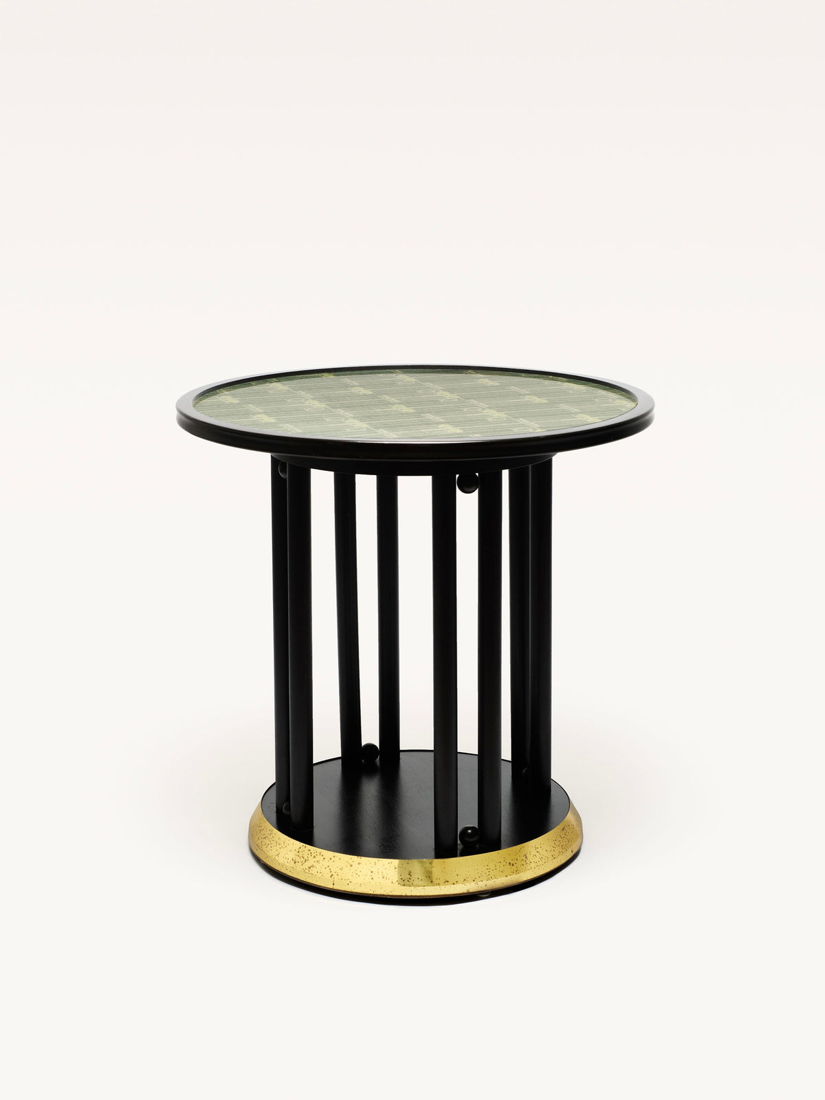 Black lacquered round side table with glass top and gold base trim