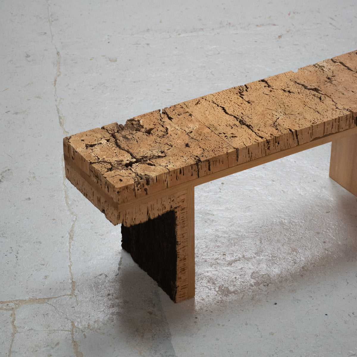 Raw cork texture detail of Banc bench by Alphée Grand