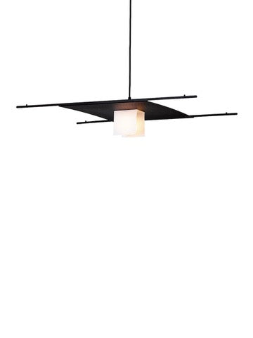 The Sail Lamp – Rice Field by TEGET is a modern, minimalist handmade ceiling lamp with a black square flat panel and a hanging white cubic lamp. Thin black rods extend from the panel's corners against a plain white background.