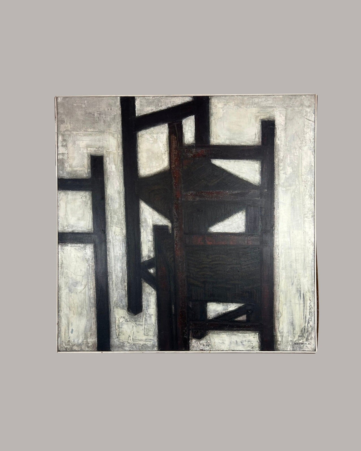 Abstract painting of two black chairs on white textured background
