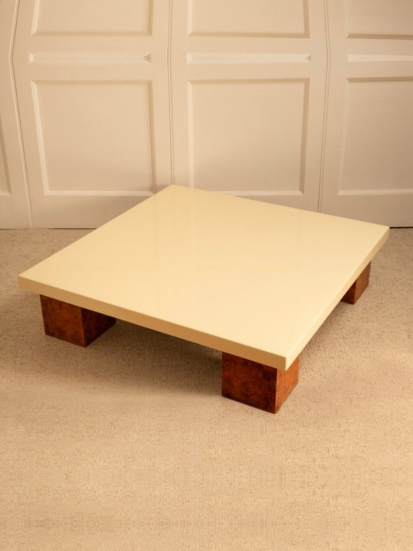 1970s wooden side table with cream lacquered top and dark base