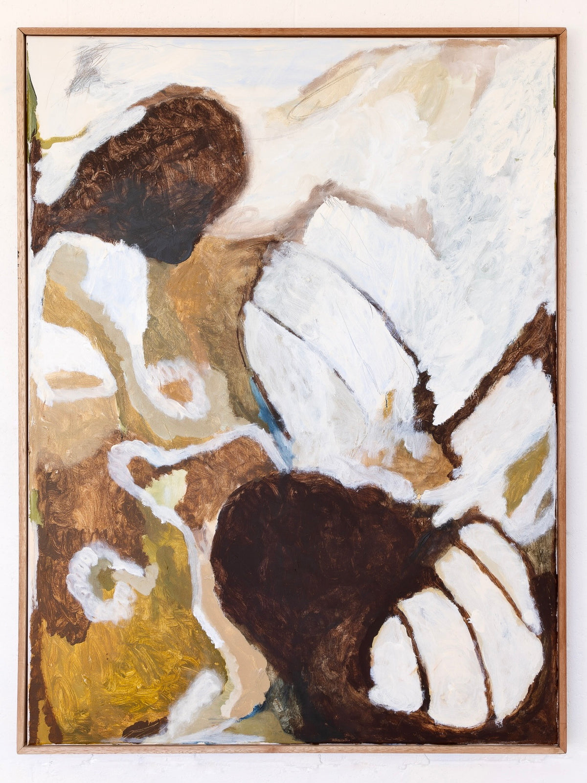 I’d Cross The Earth To You" by Natasha France is an abstract painting featuring a mix of earthy tones such as brown, beige, and white. The composition includes broad, sweeping brushstrokes and organic shapes, creating a sense of movement and depth. Framed with a thin wooden border, it radiates intimate emotion through its visual tenderness.