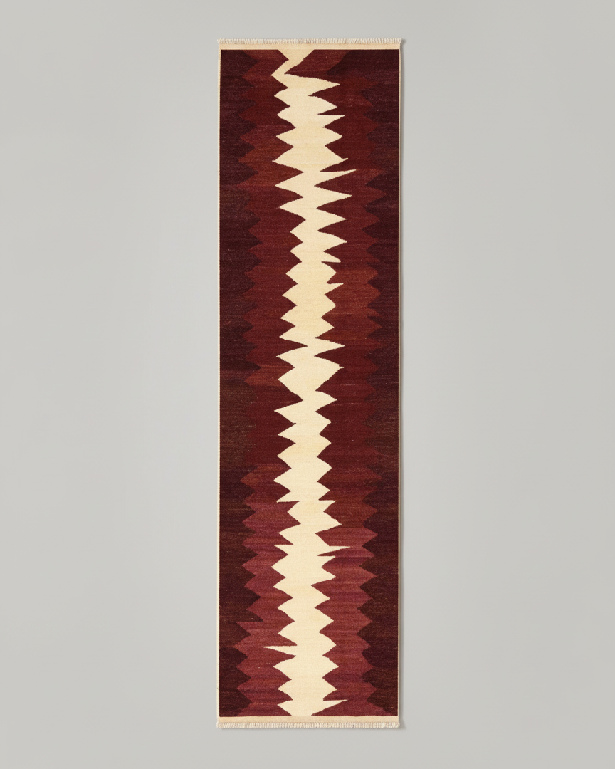 Zig Zag Kilim Runner - Handwoven Rug by ISHKAR | The Oblist — red and cream colors, handcrafted
