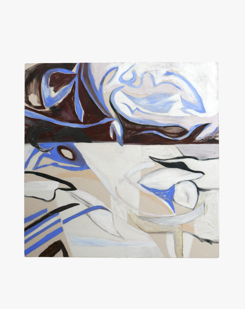 Abstract oil painting on canvas featuring flowing shapes and lines in earth tones and Elena Barber shades of "Blue", suggesting fluid motion or organic forms.