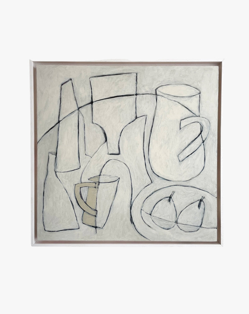 Two Pears" by Lara Voce is a minimalist abstract artwork that features black outlines of vessels like bottles and cups, sketched alongside two pears on an off-white background, creating a handcrafted contemporary design.